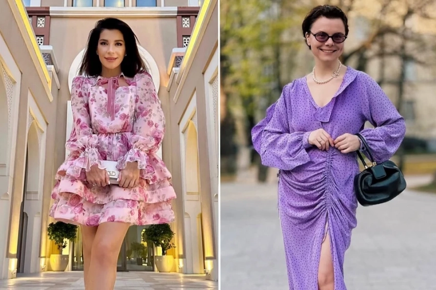 Приближается лето: Волкова — в воздушном платье с розами, Брухунова — в фиолетовом туалете со сборкой, Бузова — в наряде с сиренью